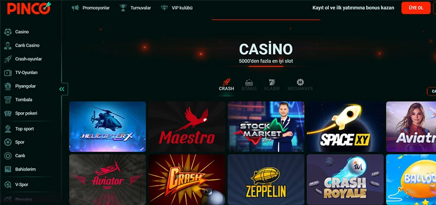 Pinco slot ve canlı casino kategorileri