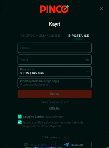 Pinco kayıt ekranı ve üyelik bilgileri